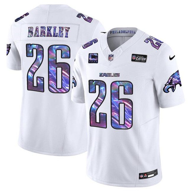Men's White Philadelphia Eagles #26 Saquon Barkley 2024 Crucial Catch F.U.S.E. With 4-Star C Patch Vapor Untouchable Limited Stitched Football Jersey
